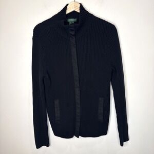 Ralph‎ Lauren Full Zip Ribbed Cardigan Knit Sweater Women's XL Black Equestrian